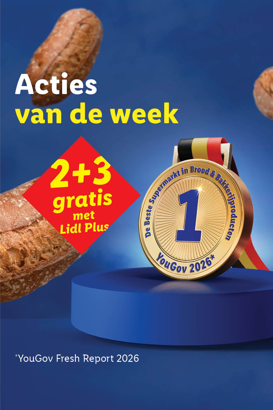Acties van de week: 2+3 gratis met Lidl Plus. Gouden medaille voor De Beste Supermarkt in Brood & Bakkerijproducten YouGov 2026.