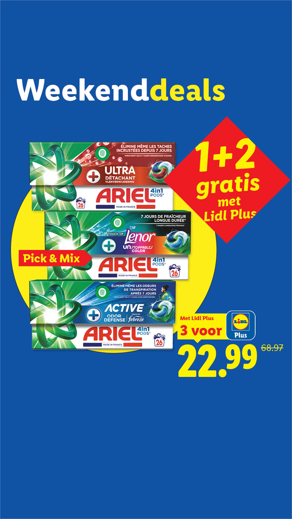 Weekenddeals: Ariel 4in1 Pods wasmiddel, keuze uit Ultra, Touch of Lenor en Active, 1+2 gratis met Lidl Plus, 3 voor 22.99 in plaats van 68.97.