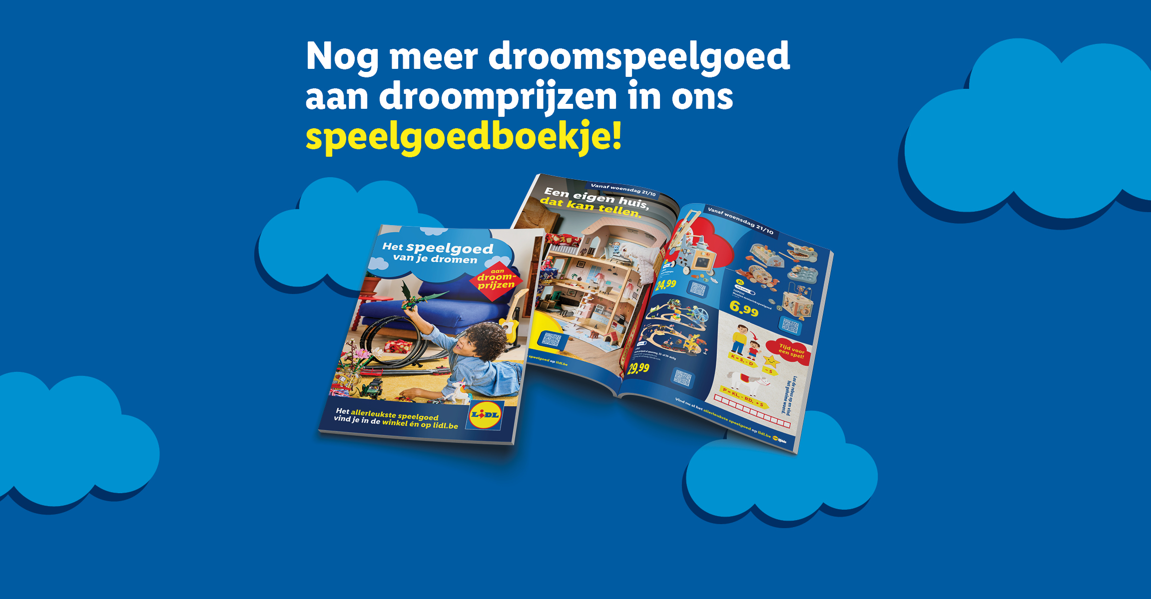 Blauwe banner met speelgoedboekje vol droomspeelgoed aan droomprijzen.